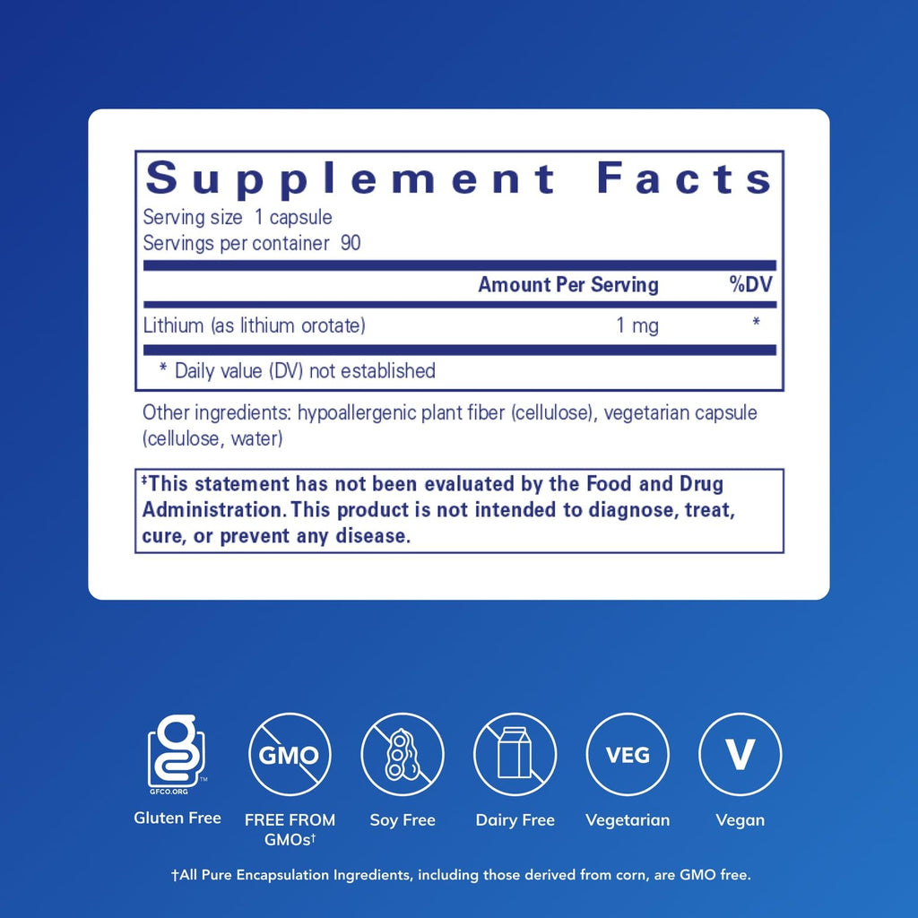 Pure Encapsulations Lithium (Orotate) 1 mg | Support for Calmness and Behavior | 90 Capsules - FENGGESTORE20