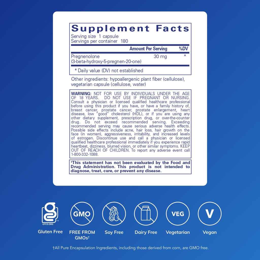 Pure Encapsulations Pregnenolone - 30 mg - Hormone Support - Memory Support - Gluten Free & Vegan - 180 Capsules - FENGGESTORE20