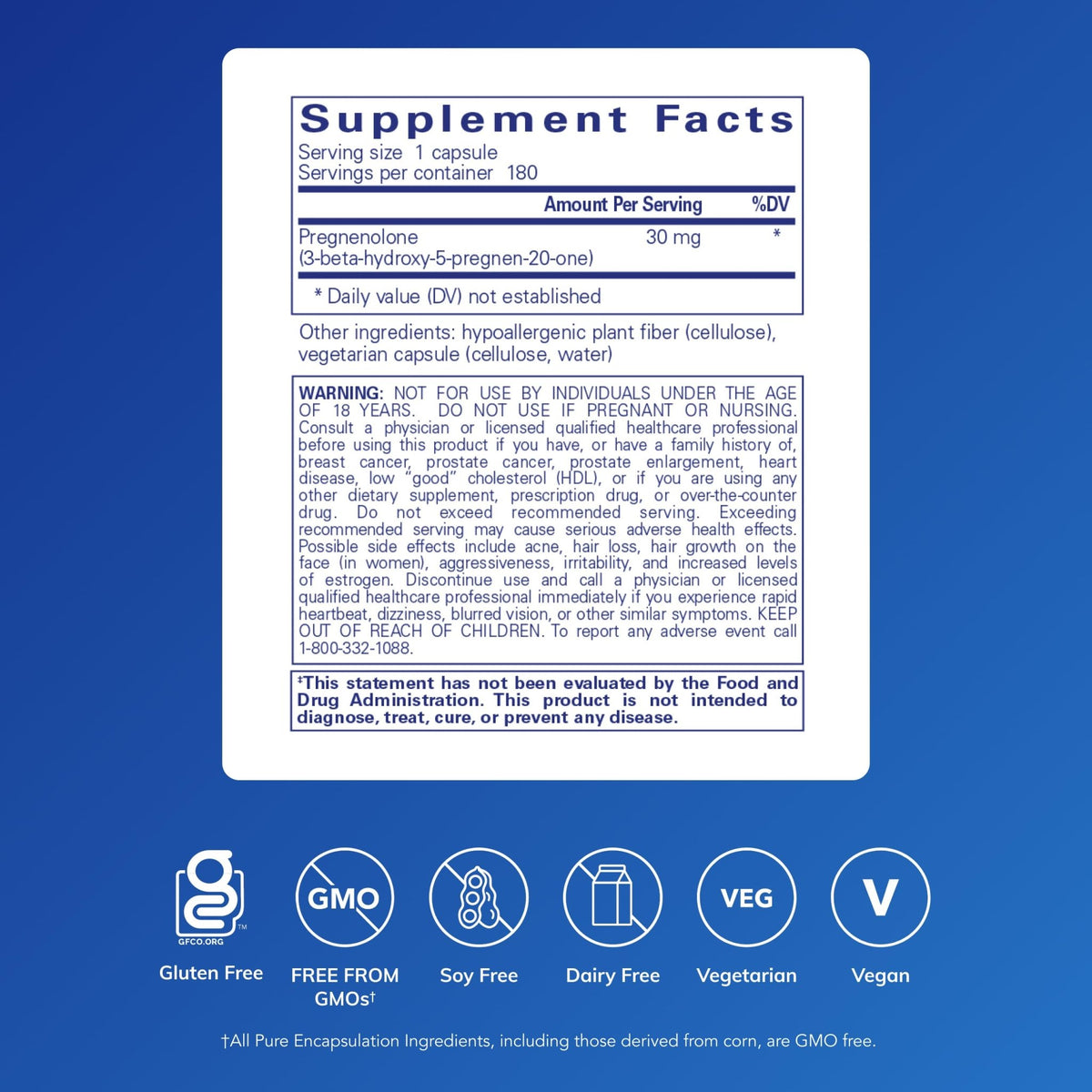 Pure Encapsulations Pregnenolone - 30 mg - Hormone Support - Memory Support - Gluten Free & Vegan - 180 Capsules - FENGGESTORE20