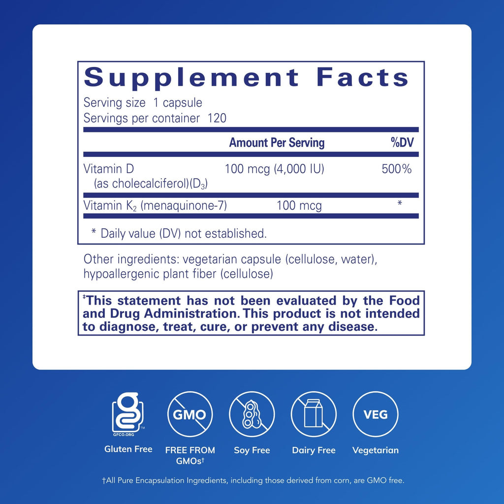 Pure Encapsulations Vitamin D3 & K2 - Bone & Vascular Health Support - Immune Function Support - Gluten Free - Non-GMO - 120 Capsules - FENGGESTORE20
