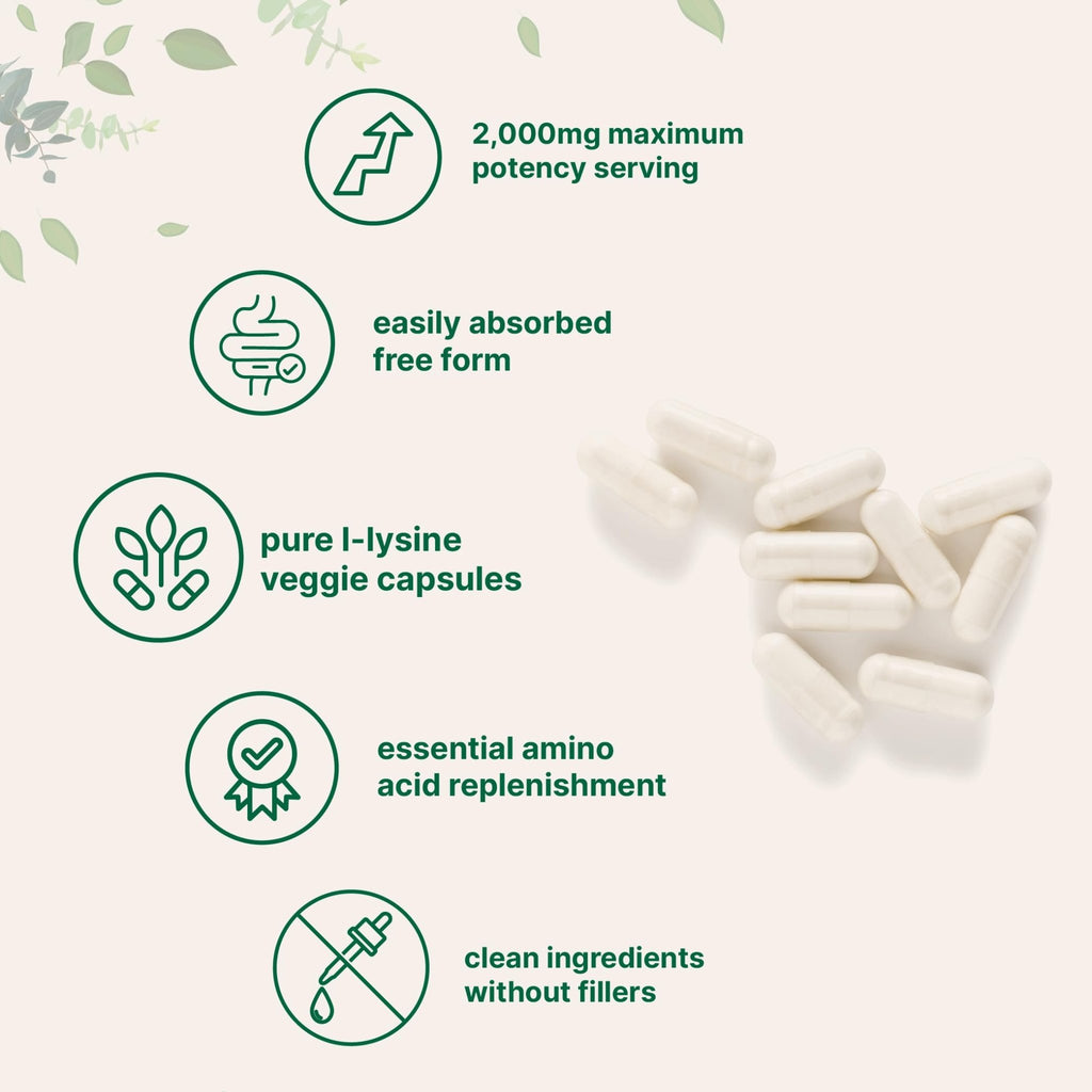 Pure L-Lysine 2,000mg, 300 Veggie Capsules | Maximum Potency, Easily Absorbed, Free Form | Essential Amino Acid for Collagen, Lip, & Immune Support - FENGGESTORE20