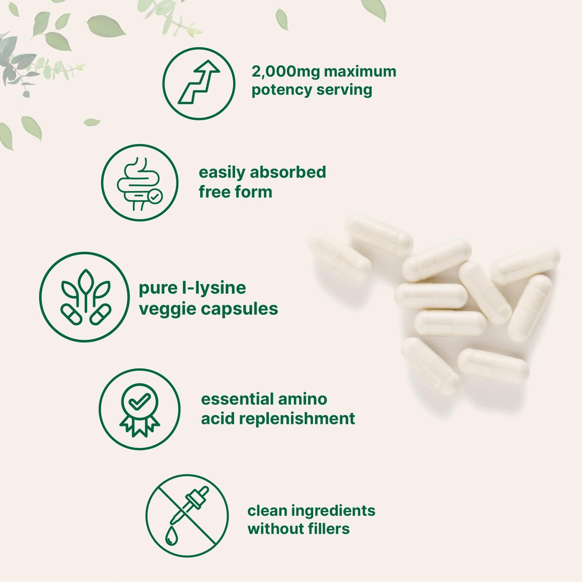Pure L-Lysine 2,000mg, 300 Veggie Capsules | Maximum Potency, Easily Absorbed, Free Form | Essential Amino Acid for Collagen, Lip, & Immune Support - FENGGESTORE20