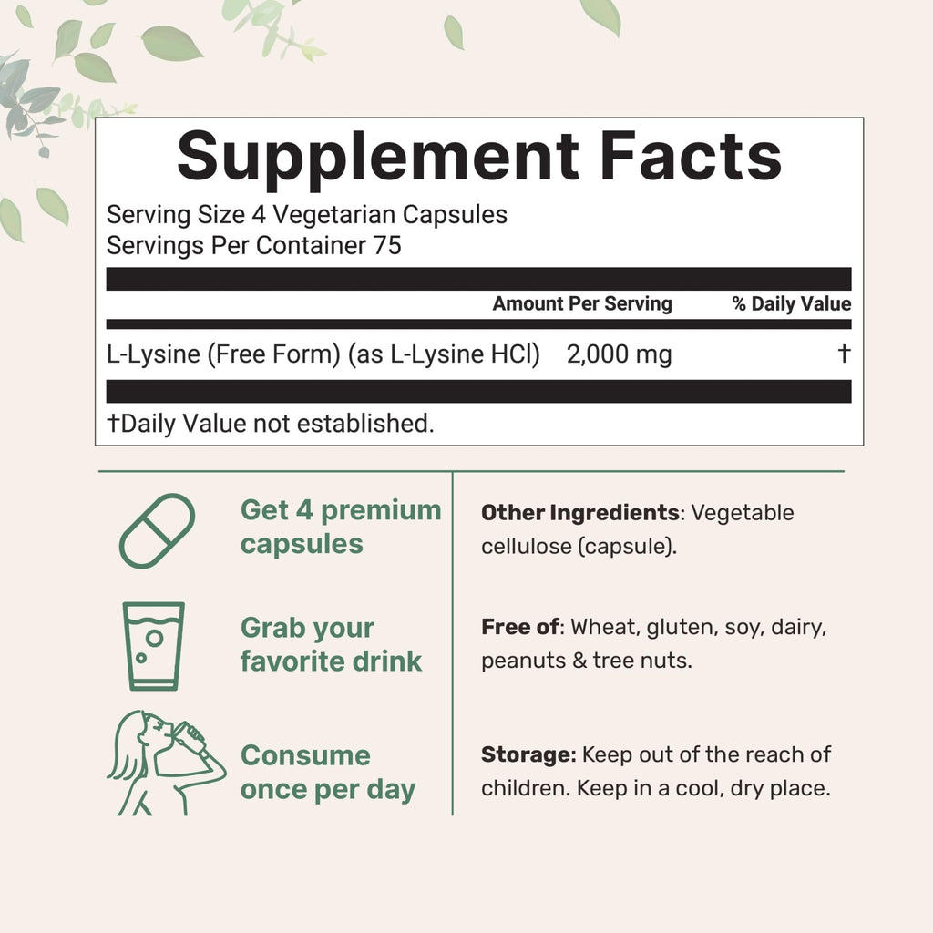 Pure L-Lysine 2,000mg, 300 Veggie Capsules | Maximum Potency, Easily Absorbed, Free Form | Essential Amino Acid for Collagen, Lip, & Immune Support - FENGGESTORE20