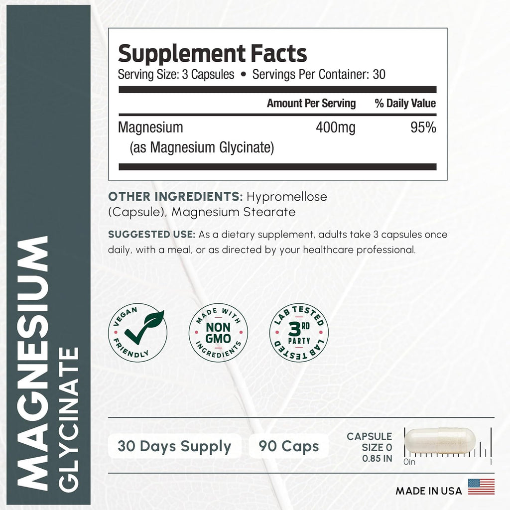 Pure Magnesium Glycinate 400mg Serving - High Absorption Magnesium Glycinate - Mag Bisglycinate for Stress, Bones, Muscles, Nerves, - FENGGESTORE20