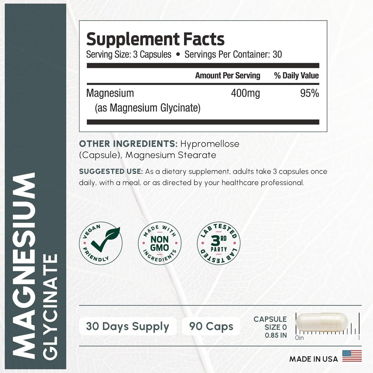 Pure Magnesium Glycinate 400mg Serving - High Absorption Magnesium Glycinate - Mag Bisglycinate for Stress, Bones, Muscles, Nerves, - FENGGESTORE20