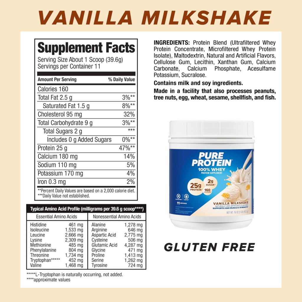 Pure Protein Powder, Whey, High Protein, Low Sugar, Gluten Free, Vanilla Cream, 1 lb - FENGGESTORE20