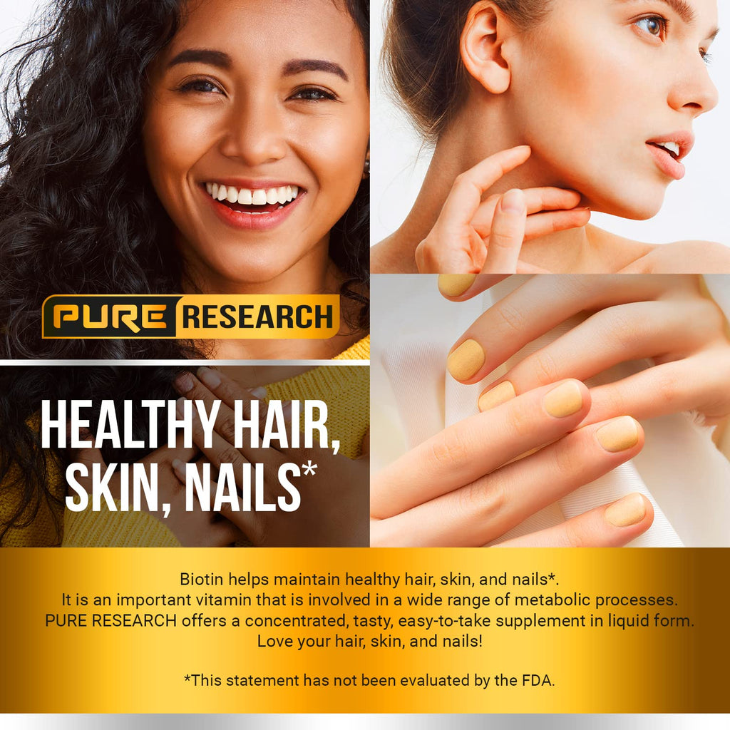 PURE RESEARCH Liquid Biotin & Collagen Hair Growth Drops 60,000mcg – Biotin and Liquid Collagen Supplements for Women & Men – Supports Glowing Skin - FENGGESTORE20