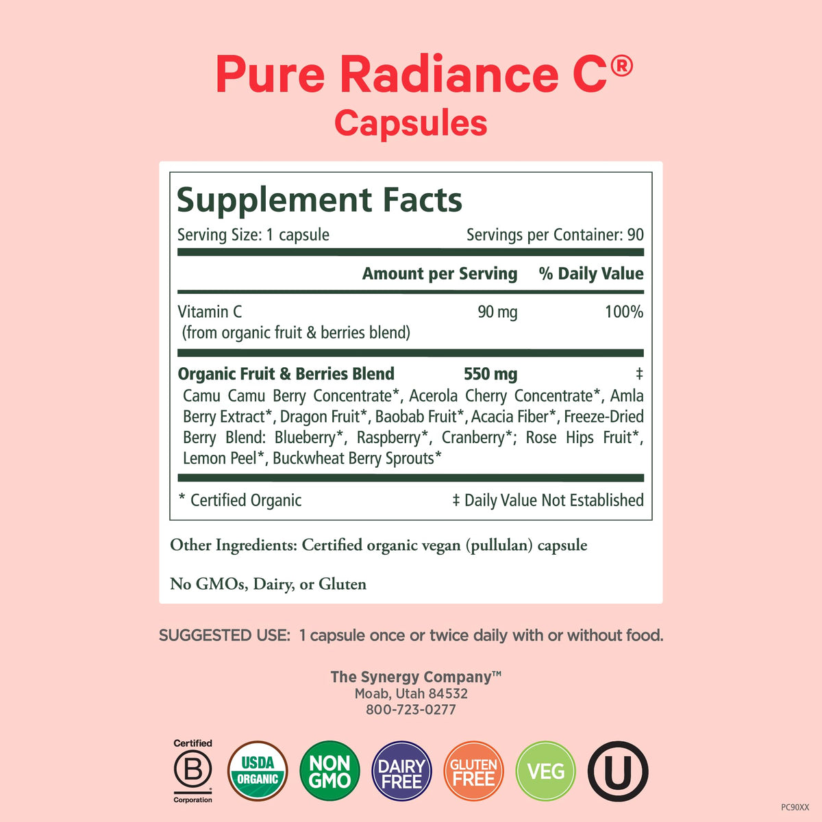PURE SYNERGY Pure Radiance C | Organic Vitamin C Capsules | 100% Natural, Whole Food, Non-GMO Supplement with Organic Camu Camu - FENGGESTORE20