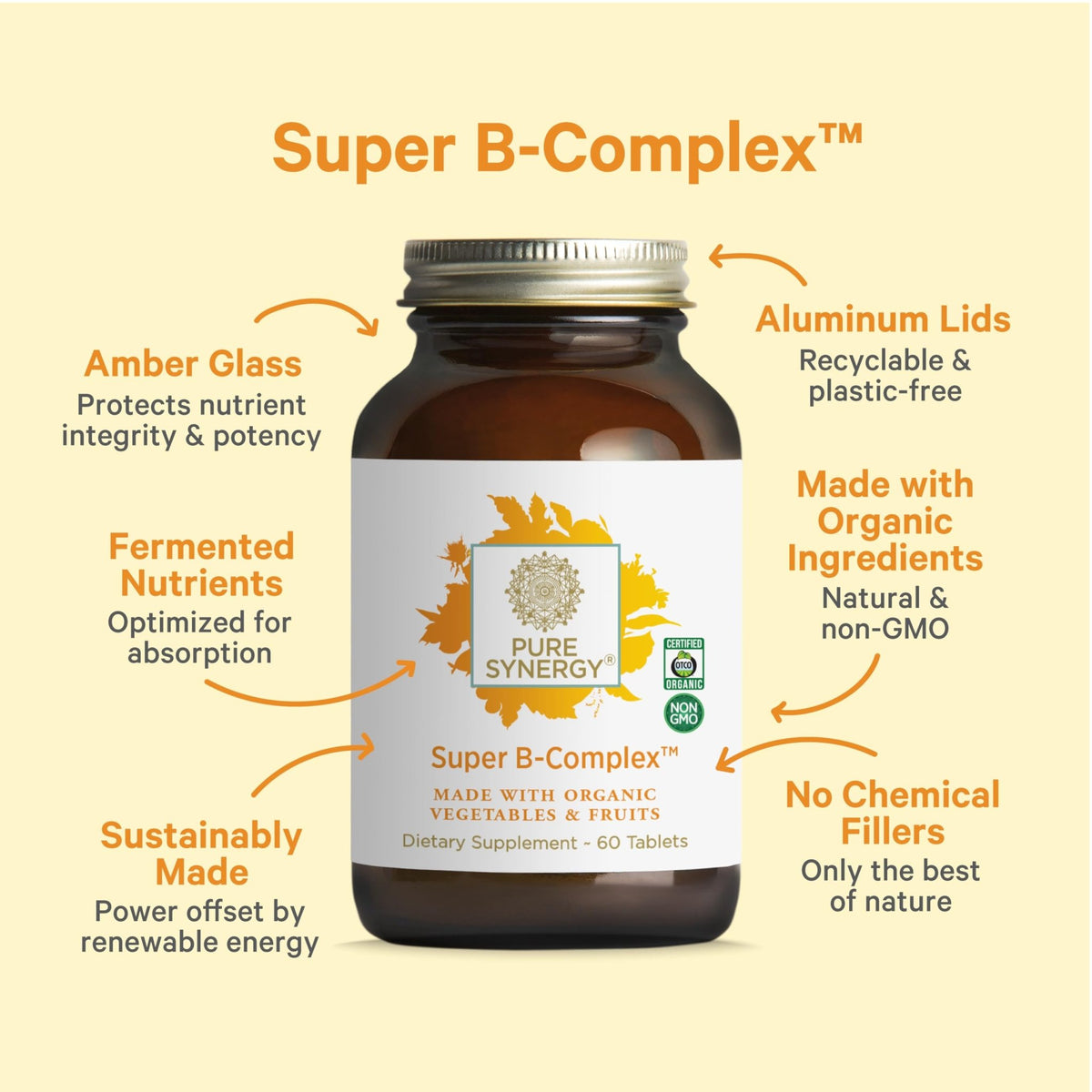 PURE SYNERGY Super B-Complex | Vitamin B Complex Made with Organic Whole Foods | Vegan Supplement with Natural Vitamin B12, Niacin, and Folate | for Energy - FENGGESTORE20