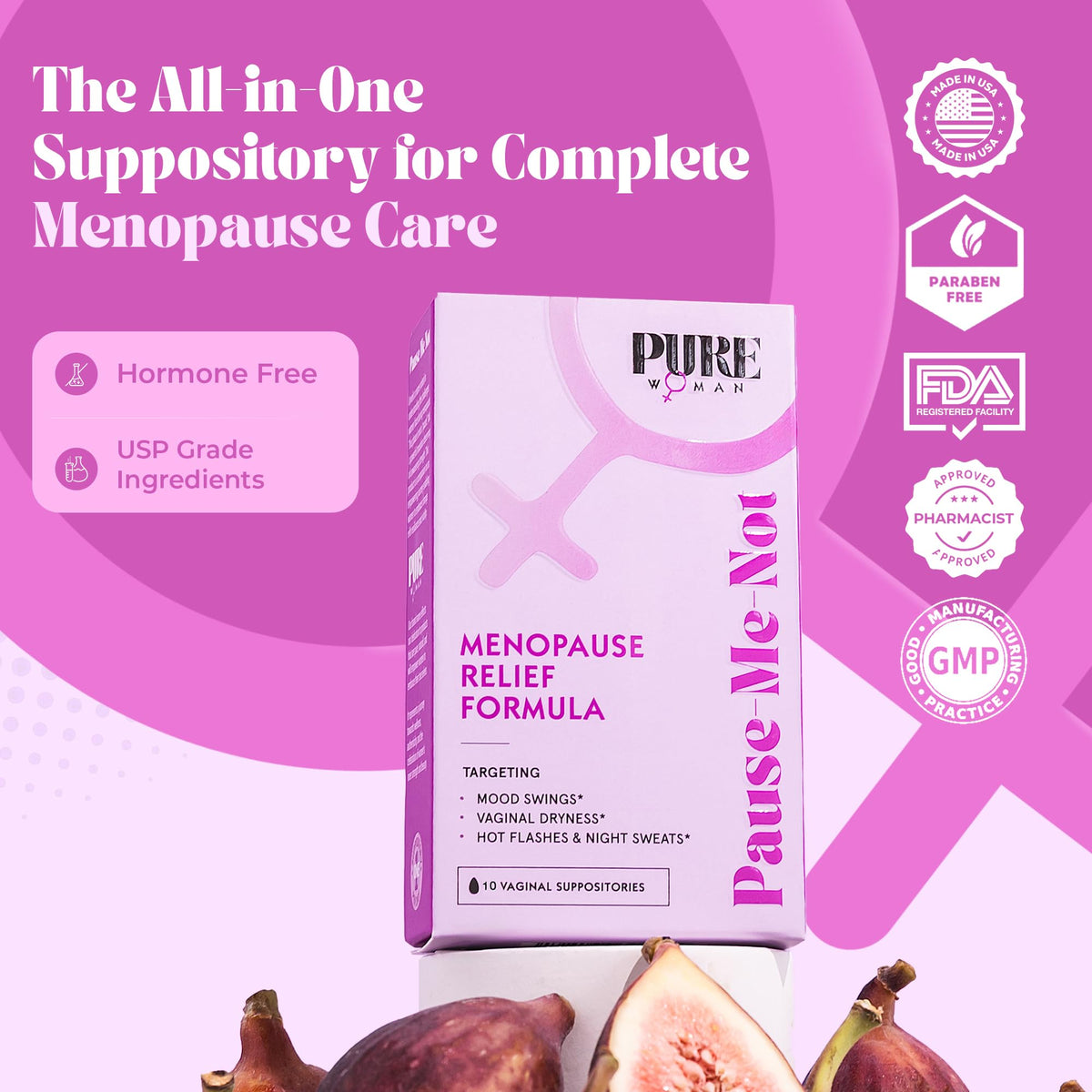 PURE WOMAN - Pause-Me-Not Suppositories - Menopausal Symptom Relief - Natural Ingredients - Relieves Hot Flashes & Vaginal Dryness - Promotes Stable Mood - Enhanced Vaginal Relief - 10 Pk - FENGGESTORE20