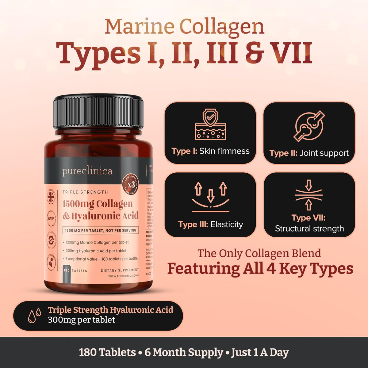 pureclinica 1500mg UltraColl Collagen (1200mg) and Hyaluronic Acid (300mg) x 180 Tablets - 6 Months Supply - FENGGESTORE20
