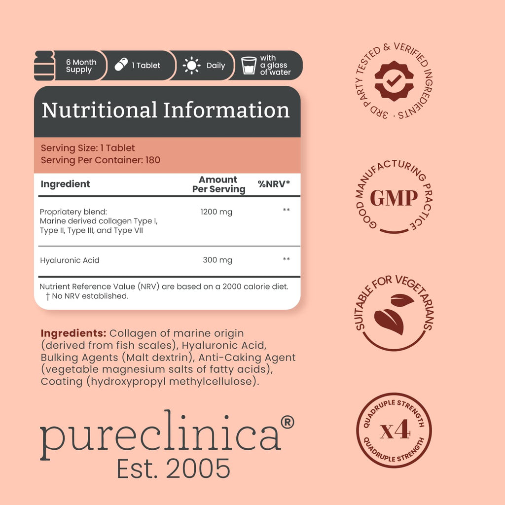 pureclinica 1500mg UltraColl Collagen (1200mg) and Hyaluronic Acid (300mg) x 180 Tablets - 6 Months Supply - FENGGESTORE20