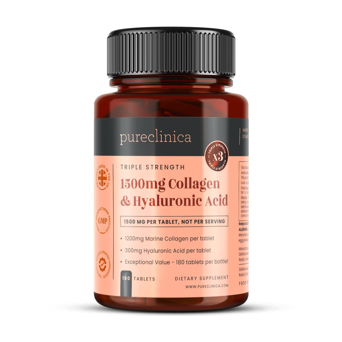 pureclinica 1500mg UltraColl Collagen (1200mg) and Hyaluronic Acid (300mg) x 180 Tablets - 6 Months Supply - FENGGESTORE20