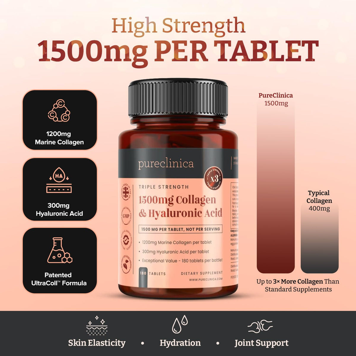 pureclinica 1500mg UltraColl Collagen (1200mg) and Hyaluronic Acid (300mg) x 180 Tablets - 6 Months Supply - FENGGESTORE20