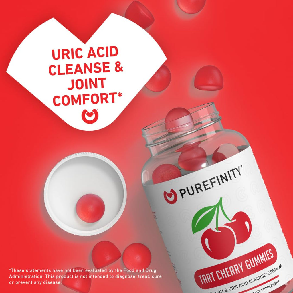 PUREFINITY Tart Cherry Gummies – Uric Acid Flush for Joint Relief & Recovery, Raw Juice Extract Antioxidant – Non-GMO, Gluten Free, Vegan, 60 Count - FENGGESTORE20