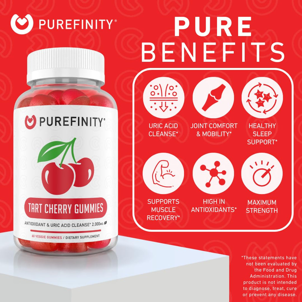 PUREFINITY Tart Cherry Gummies – Uric Acid Flush for Joint Relief & Recovery, Raw Juice Extract Antioxidant – Non-GMO, Gluten Free, Vegan, 60 Count - FENGGESTORE20