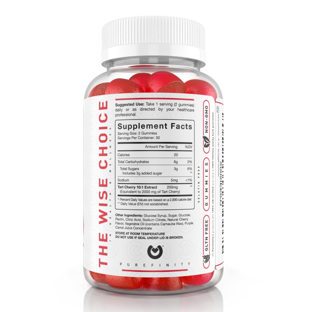 PUREFINITY Tart Cherry Gummies – Uric Acid Flush for Joint Relief & Recovery, Raw Juice Extract Antioxidant – Non-GMO, Gluten Free, Vegan, 60 Count - FENGGESTORE20
