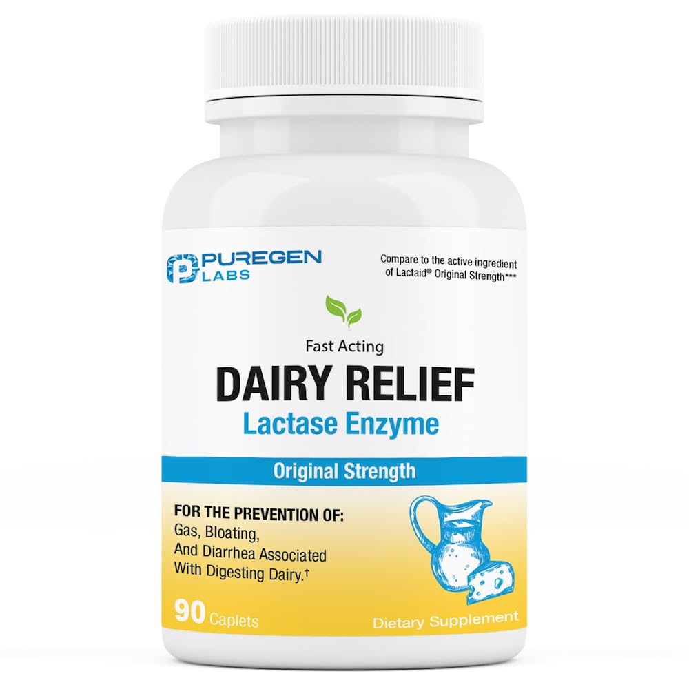 Puregen Labs Dairy Relief Natural Fast Acting Lactase Enzyme 3000 FCC, Lactose Intolerance Pills 90 Caplets - FENGGESTORE20