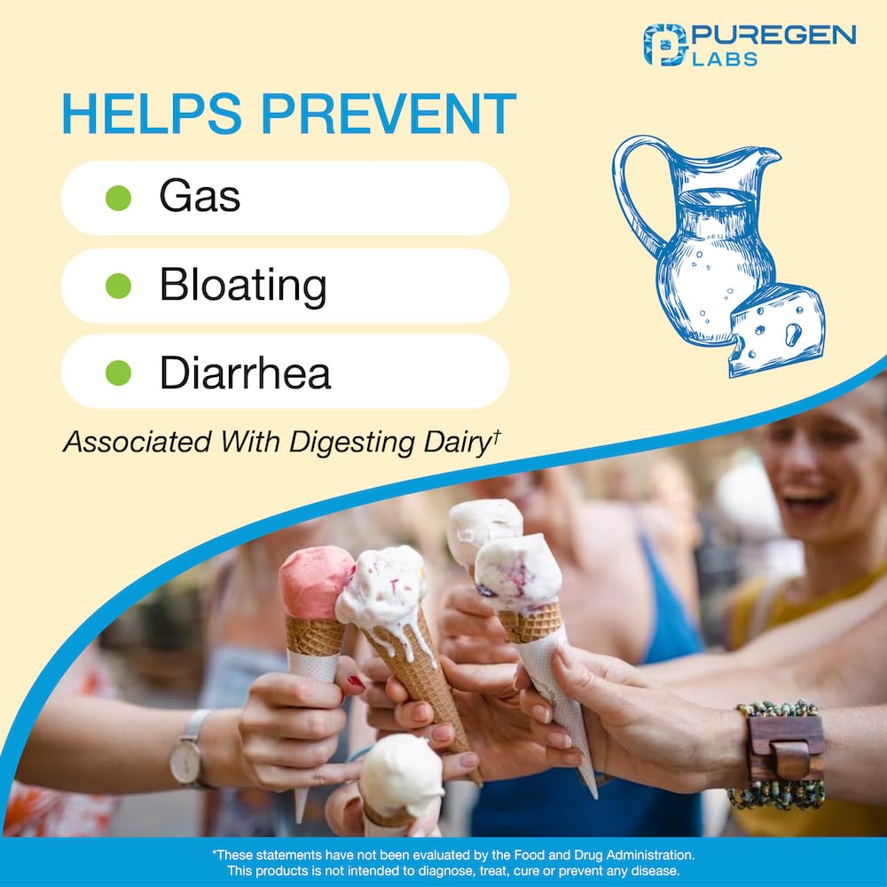 Puregen Labs Dairy Relief Natural Fast Acting Lactase Enzyme 3000 FCC, Lactose Intolerance Pills 90 Caplets - FENGGESTORE20