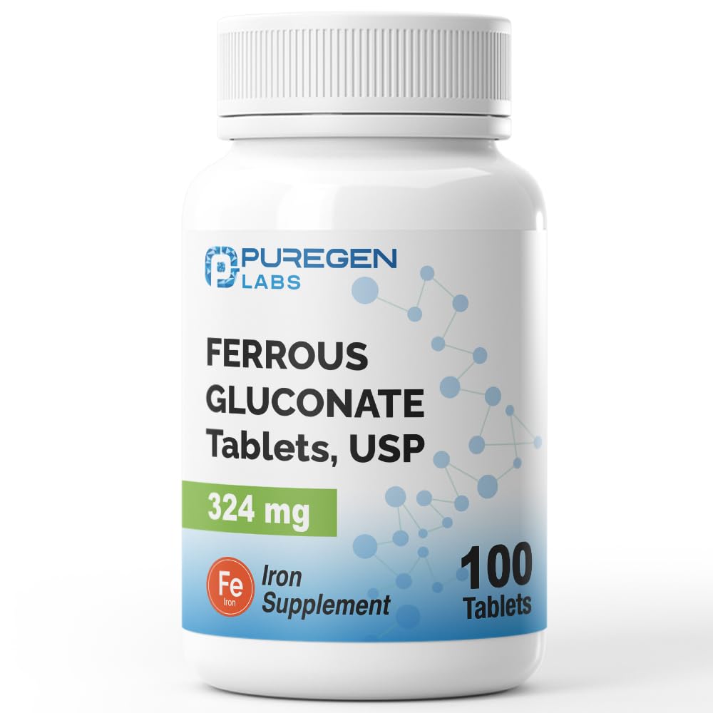 Puregen Labs Ferrous Gluconate 324 mg [High Potency] Iron Supplement, Gentle on Stomach - 100 Tablets - FENGGESTORE20