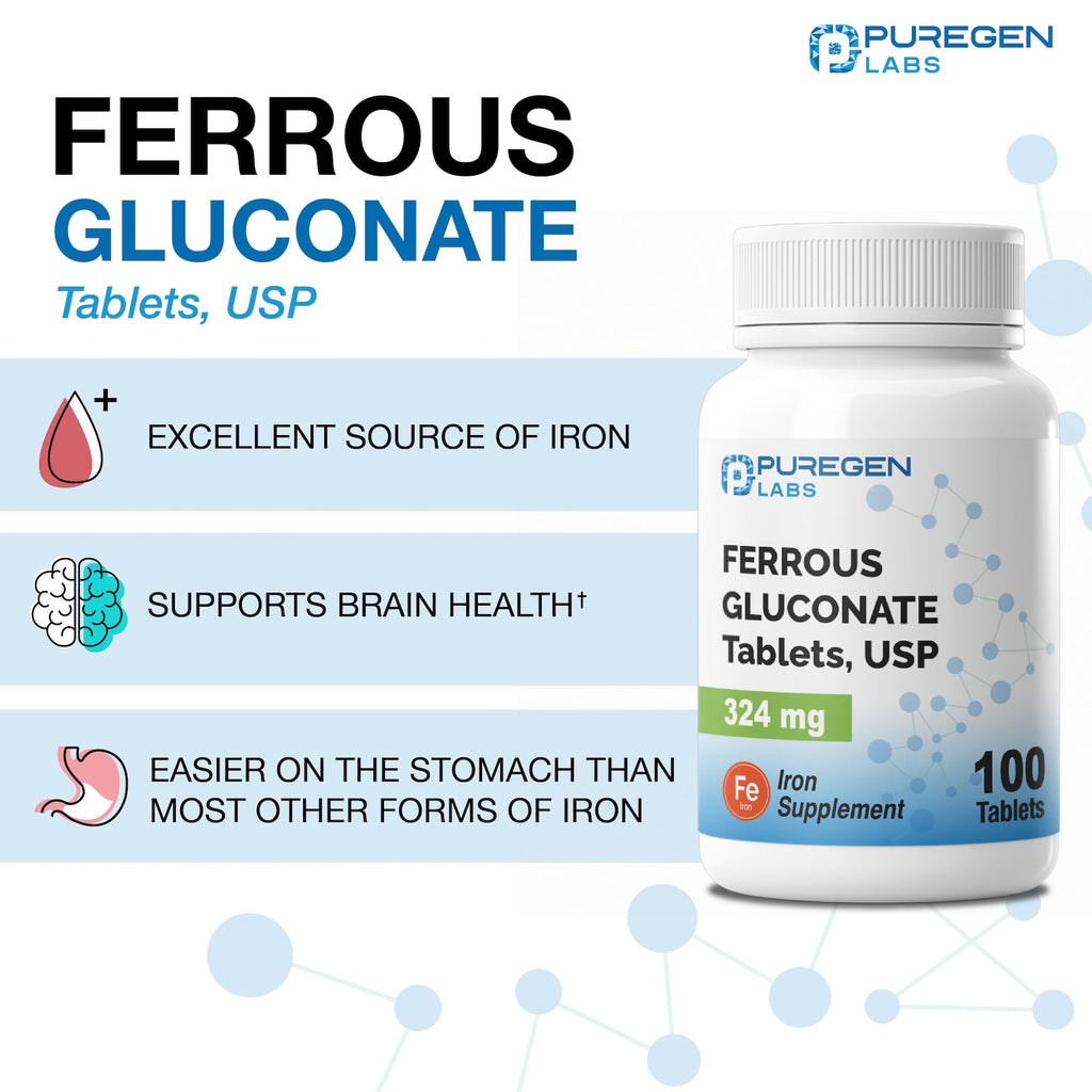 Puregen Labs Ferrous Gluconate 324 mg [High Potency] Iron Supplement, Gentle on Stomach - 100 Tablets - FENGGESTORE20