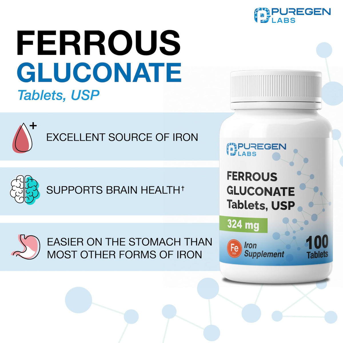 Puregen Labs Ferrous Gluconate 324 mg [High Potency] Iron Supplement, Gentle on Stomach - 100 Tablets - FENGGESTORE20