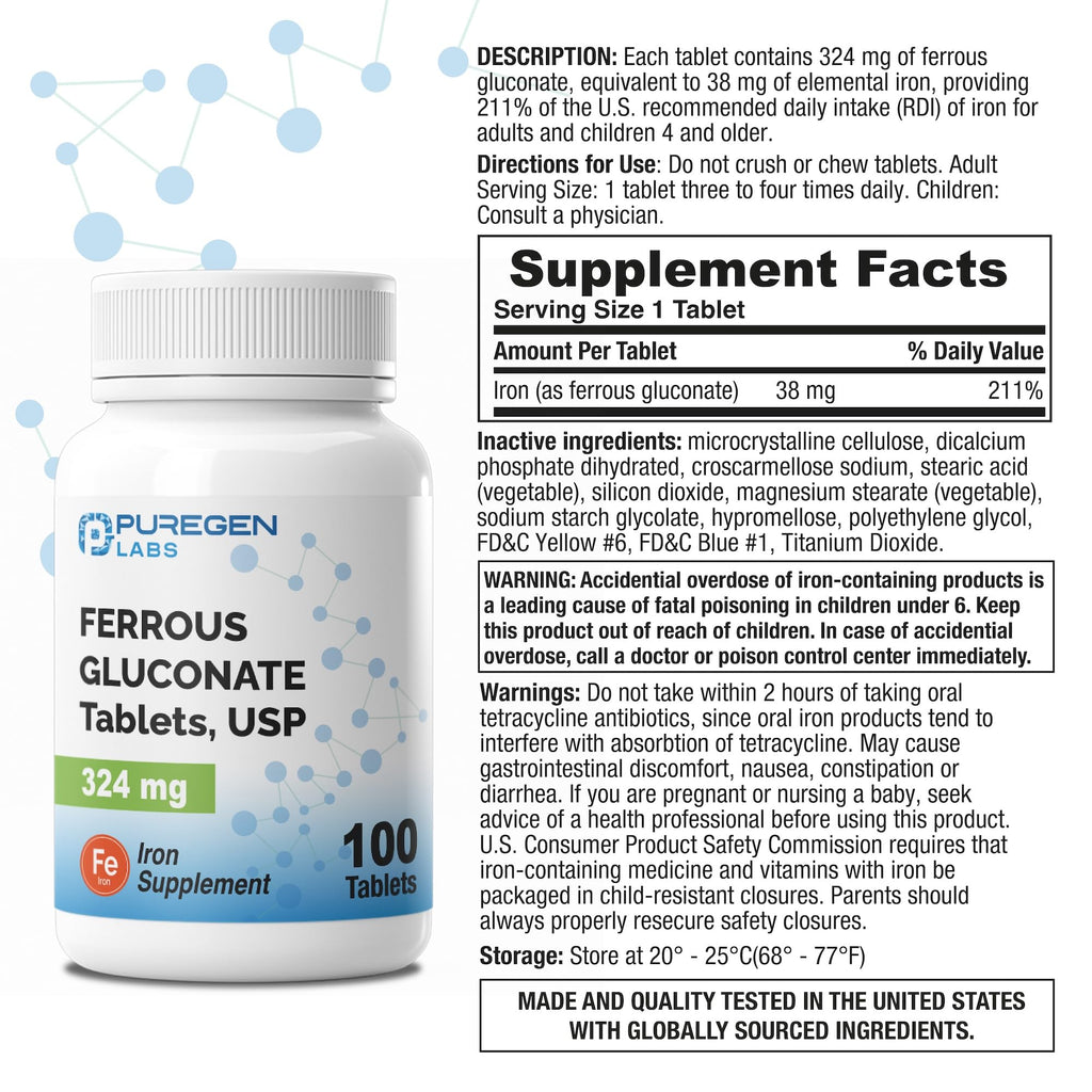 Puregen Labs Ferrous Gluconate 324 mg [High Potency] Iron Supplement, Gentle on Stomach - 100 Tablets - FENGGESTORE20