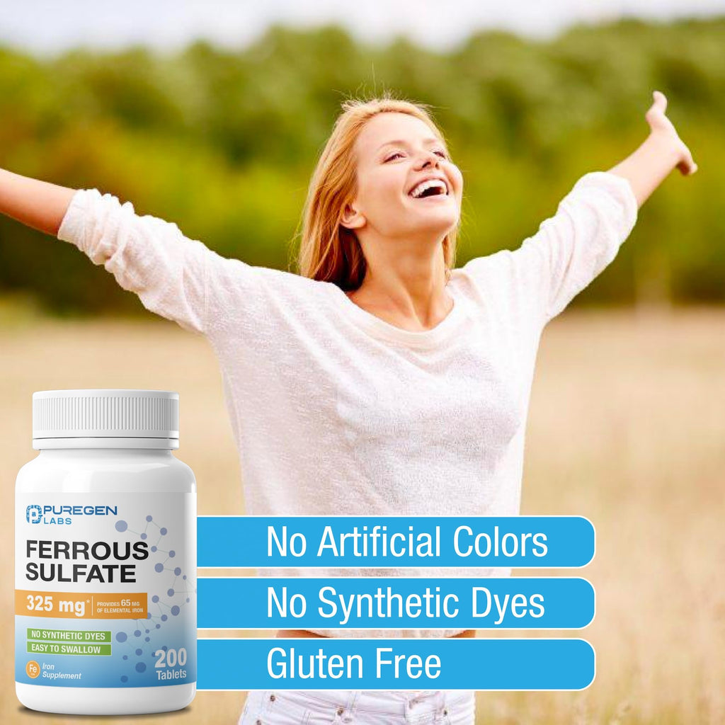 Puregen Labs Ferrous Sulfate 325 mg (65 mg Elemental Iron) High Potency Iron Supplement | No Artificial Color Additives - 200 Tablets - FENGGESTORE20