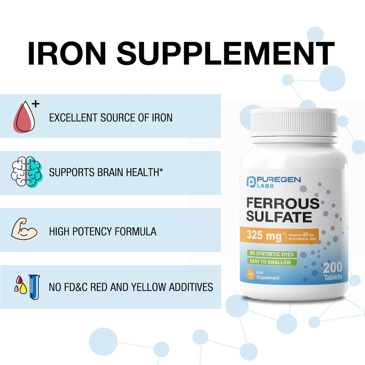 Puregen Labs Ferrous Sulfate 325 mg (65 mg Elemental Iron) High Potency Iron Supplement | No Artificial Color Additives - 200 Tablets - FENGGESTORE20
