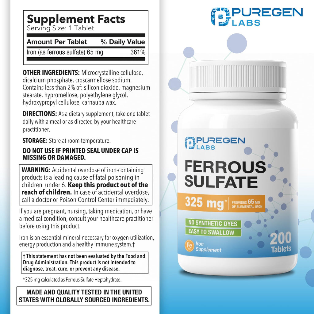 Puregen Labs Ferrous Sulfate 325 mg (65 mg Elemental Iron) High Potency Iron Supplement | No Artificial Color Additives - 200 Tablets - FENGGESTORE20