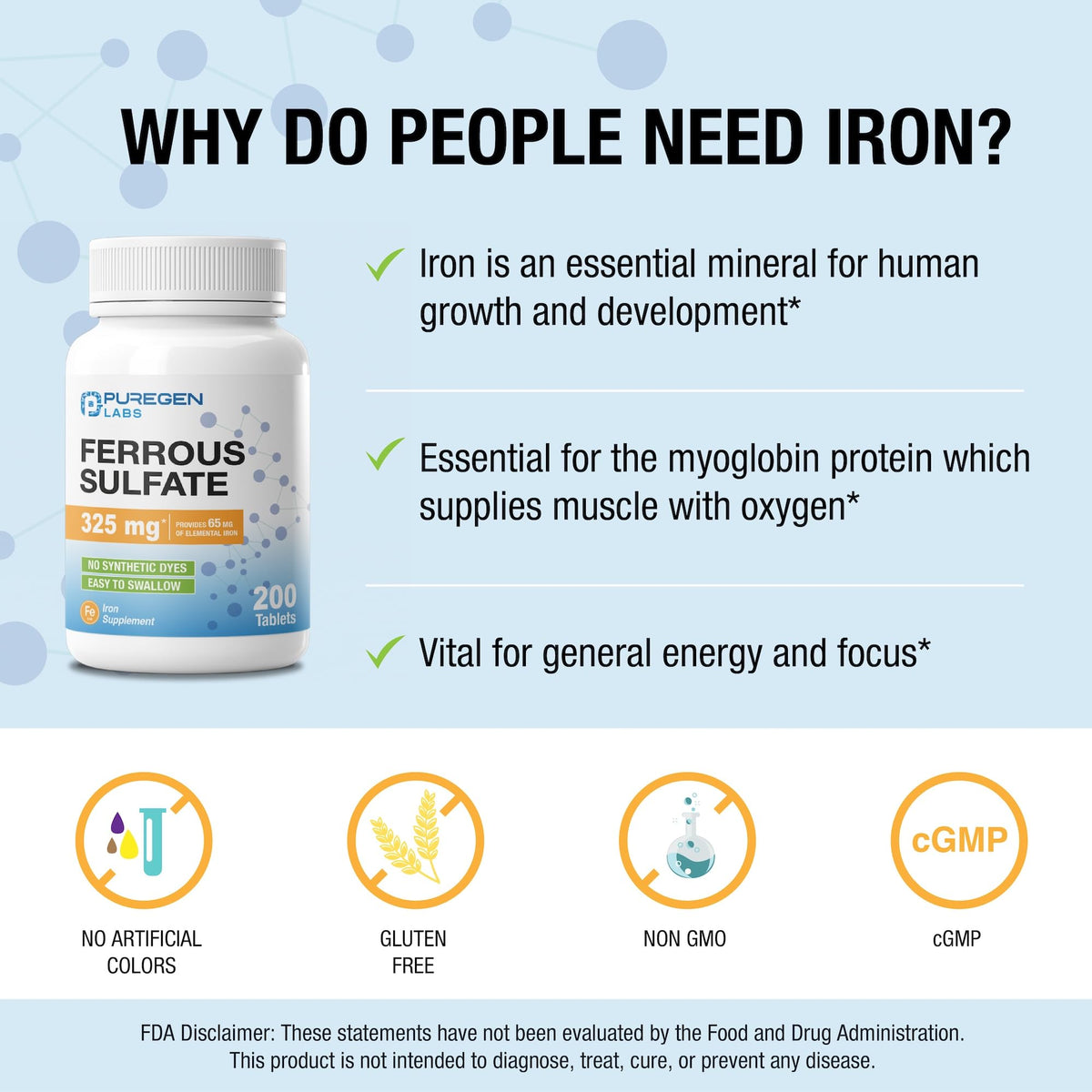 Puregen Labs Ferrous Sulfate 325 mg (65 mg Elemental Iron) High Potency Iron Supplement | No Artificial Color Additives - 200 Tablets - FENGGESTORE20