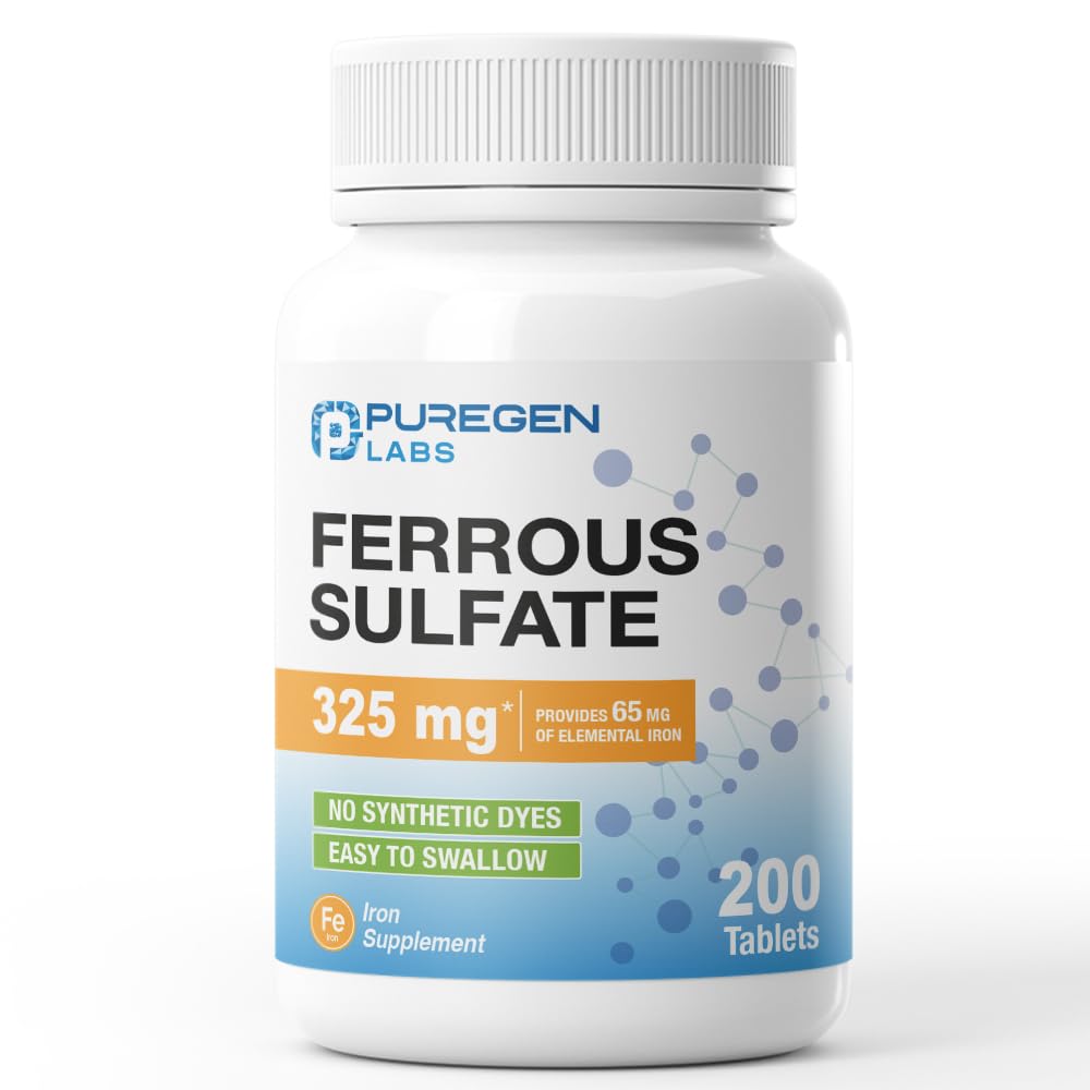 Puregen Labs Ferrous Sulfate 325 mg (65 mg Elemental Iron) High Potency Iron Supplement | No Artificial Color Additives - 200 Tablets - FENGGESTORE20