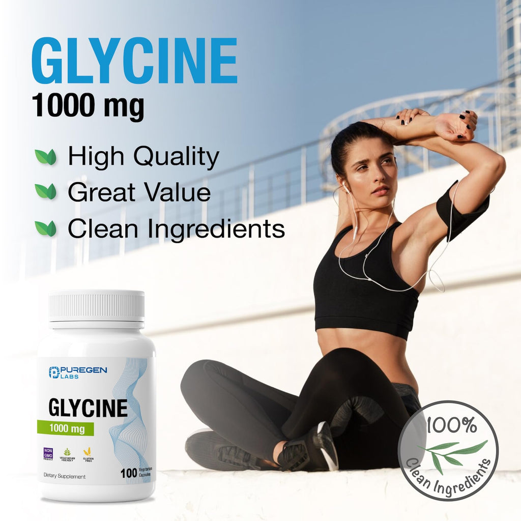 Puregen Labs Glycine 1000mg [High Potency] 100 Vegetarian Capsules, Promotes Healthy Rest | No Harmful Additives - FENGGESTORE20