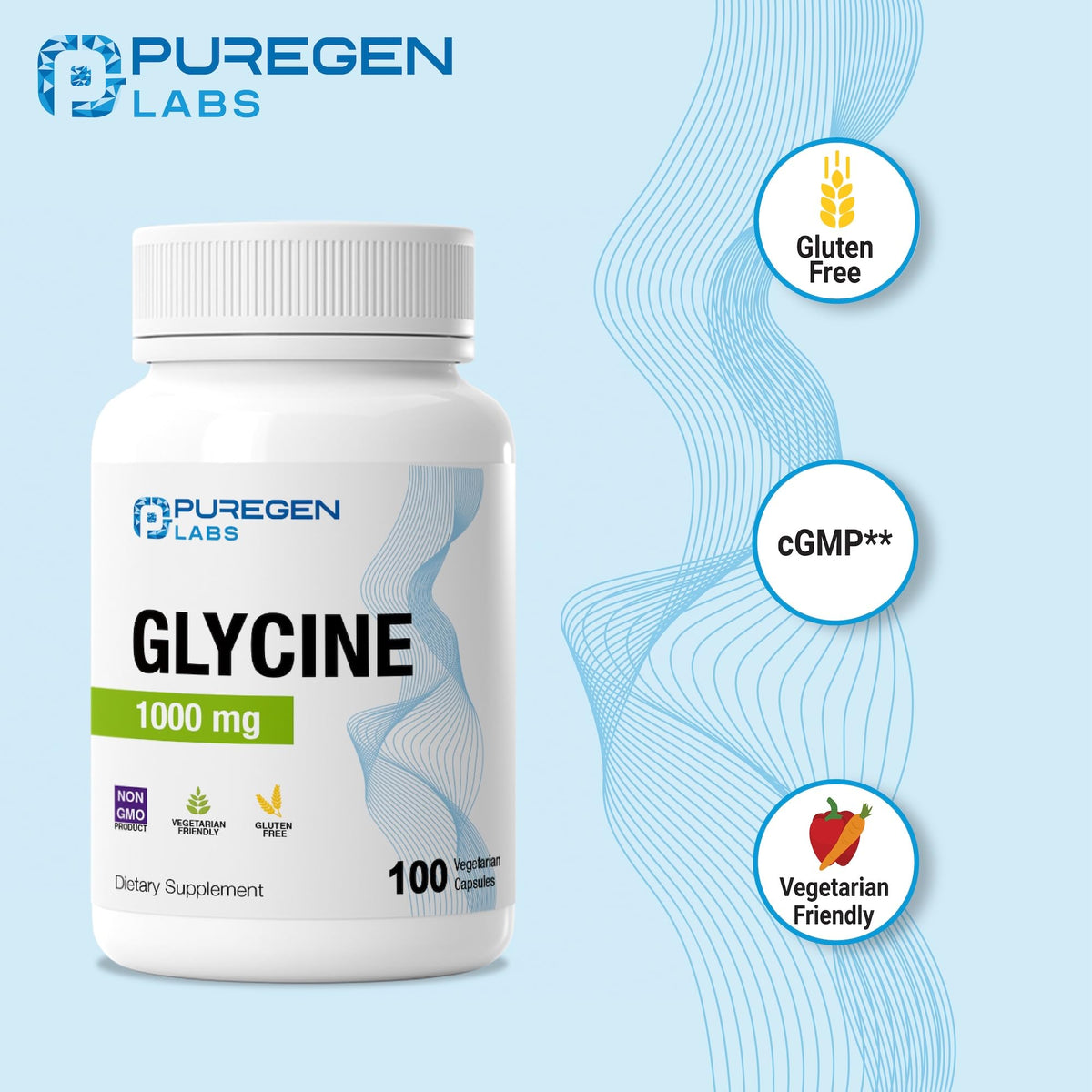 Puregen Labs Glycine 1000mg [High Potency] 100 Vegetarian Capsules, Promotes Healthy Rest | No Harmful Additives - FENGGESTORE20