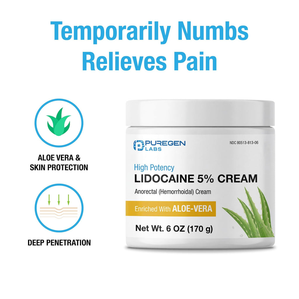 Puregen Labs Lidocaine 5% Anorectal (hemorrhoidal) Cream Maximum Strength | Enriched with Aloe-Vera | 6 Oz - FENGGESTORE20