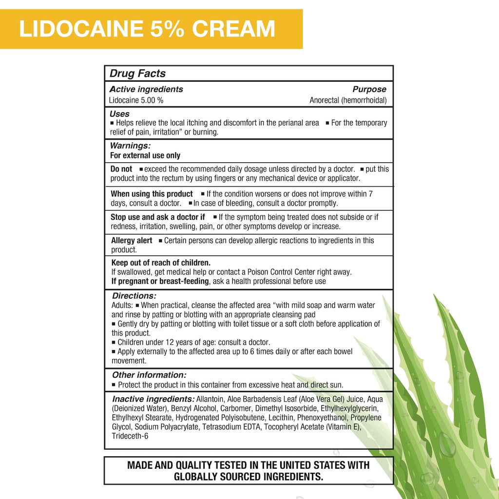 Puregen Labs Lidocaine 5% Anorectal (hemorrhoidal) Cream Maximum Strength | Enriched with Aloe-Vera | 6 Oz - FENGGESTORE20