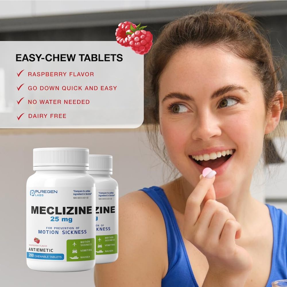 Puregen Labs Meclizine 25 mg Antiemetic 200 chewable Tablets | Motion Sickness Relief - Prevent Nausea, Vomiting, and Dizziness | Dairy Free | Value Pack – 200 chewable Tablets - FENGGESTORE20
