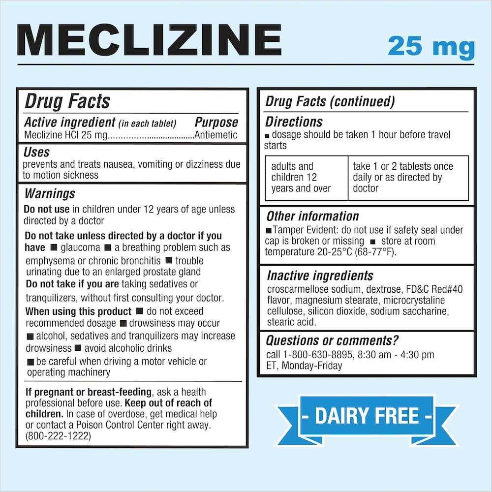 Puregen Labs Meclizine 25 mg Antiemetic 200 chewable Tablets | Motion Sickness Relief - Prevent Nausea, Vomiting, and Dizziness | Dairy Free | Value Pack – 200 chewable Tablets - FENGGESTORE20