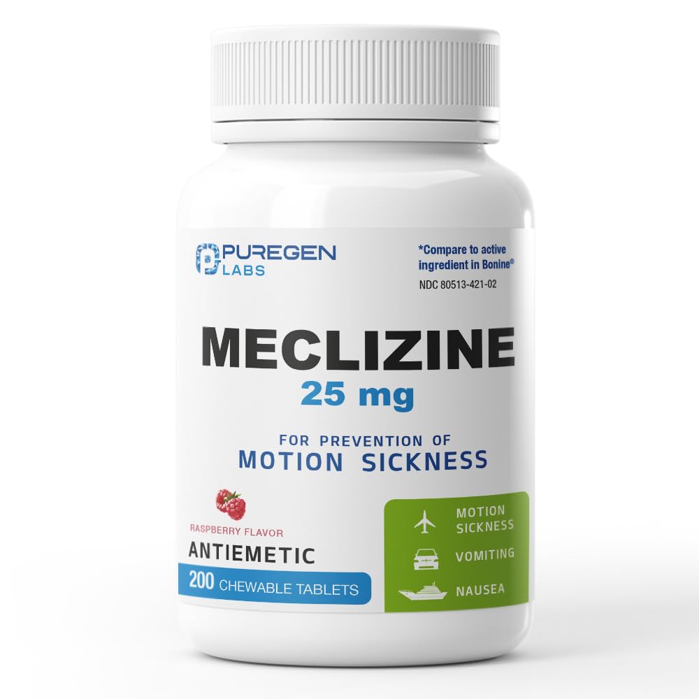 Puregen Labs Meclizine 25 mg Antiemetic 200 chewable Tablets | Motion Sickness Relief - Prevent Nausea, Vomiting, and Dizziness | Dairy Free | Value Pack – 200 chewable Tablets - FENGGESTORE20