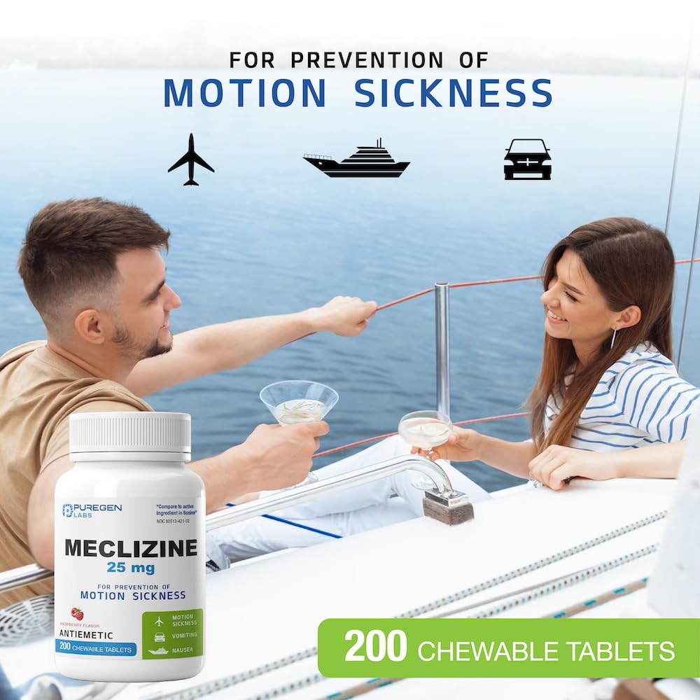 Puregen Labs Meclizine 25 mg Antiemetic 200 chewable Tablets | Motion Sickness Relief - Prevent Nausea, Vomiting, and Dizziness | Dairy Free | Value Pack – 200 chewable Tablets - FENGGESTORE20