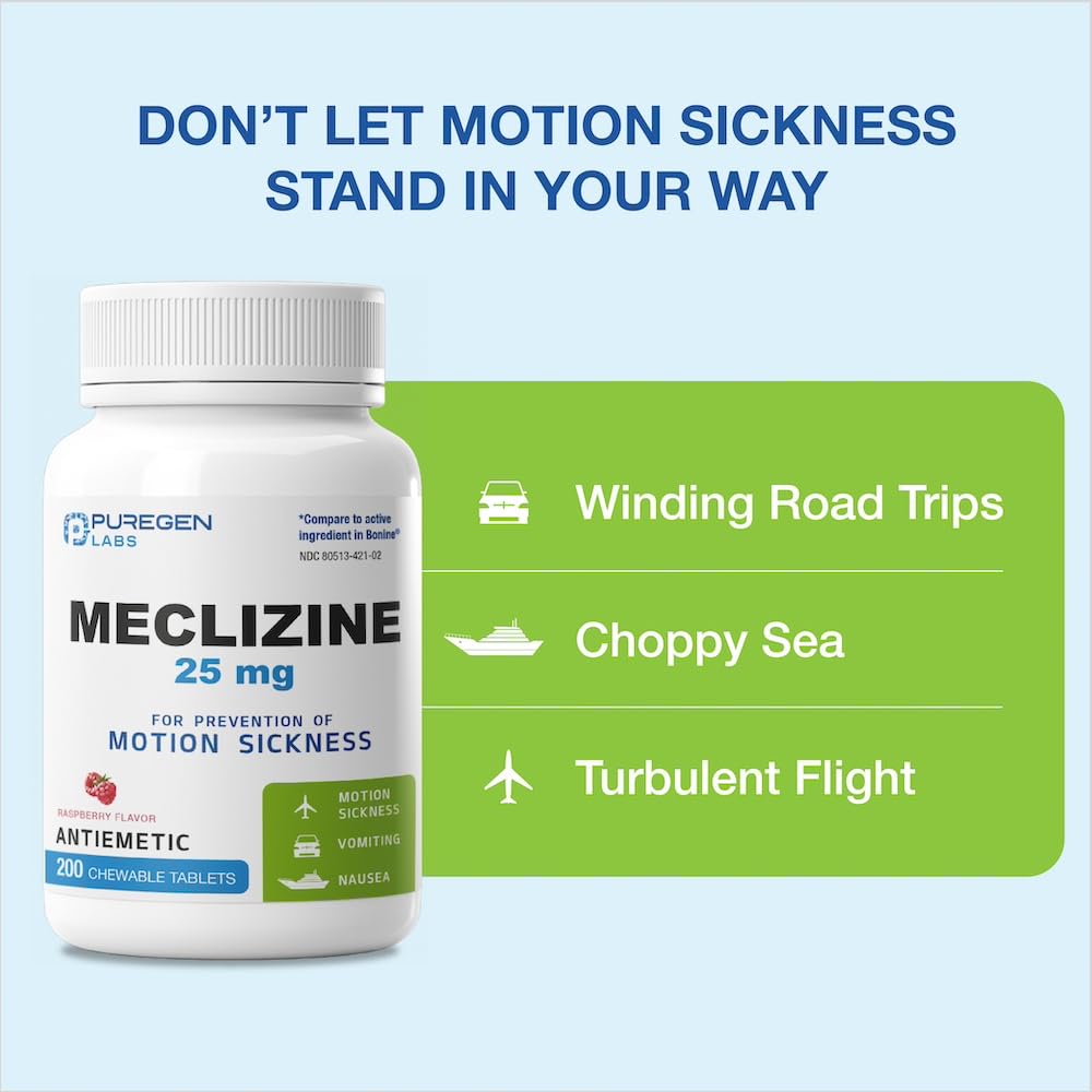 Puregen Labs Meclizine 25 mg Antiemetic 200 chewable Tablets | Motion Sickness Relief - Prevent Nausea, Vomiting, and Dizziness | Dairy Free | Value Pack – 200 chewable Tablets - FENGGESTORE20