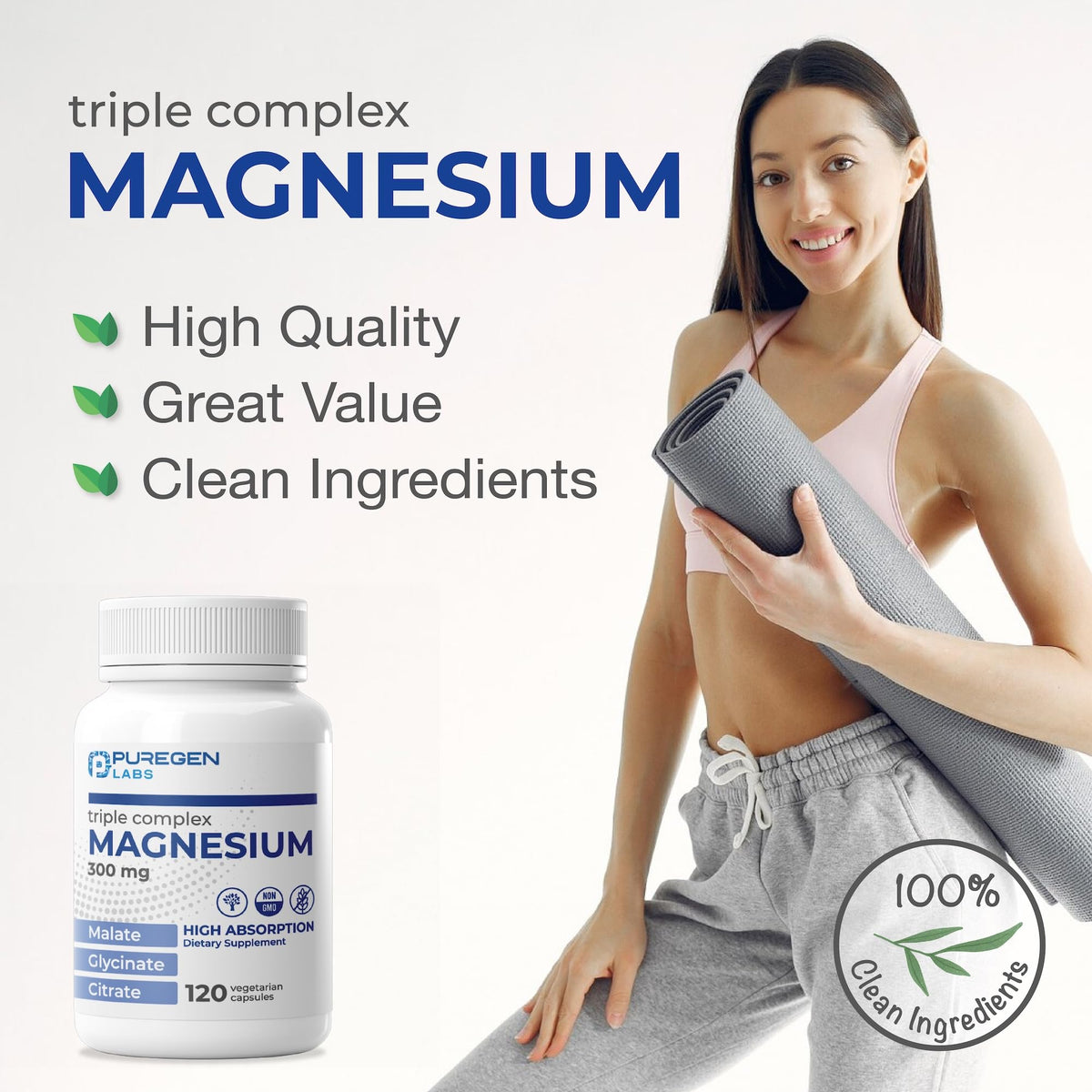 Puregen Labs Triple Magnesium Complex 300mg of Magnesium Glycinate, Malate, & Citrate [High Absorption] 120 Veg Capsules | No Harmful Additives | Non-GMO, NO Gluten and Dairy - FENGGESTORE20