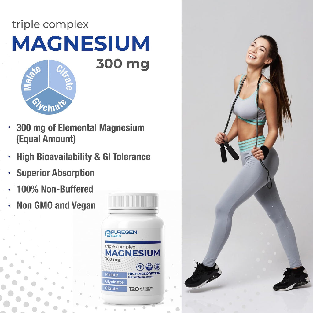 Puregen Labs Triple Magnesium Complex 300mg of Magnesium Glycinate, Malate, & Citrate [High Absorption] 120 Veg Capsules | No Harmful Additives | Non-GMO, NO Gluten and Dairy - FENGGESTORE20