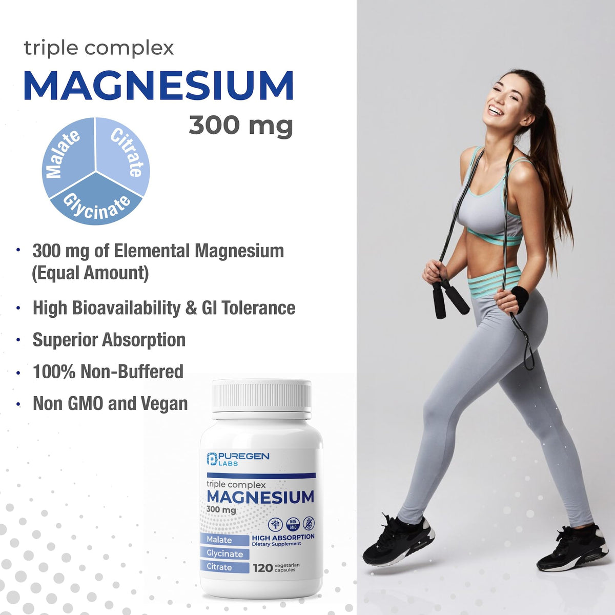 Puregen Labs Triple Magnesium Complex 300mg of Magnesium Glycinate, Malate, & Citrate [High Absorption] 120 Veg Capsules | No Harmful Additives | Non-GMO, NO Gluten and Dairy - FENGGESTORE20