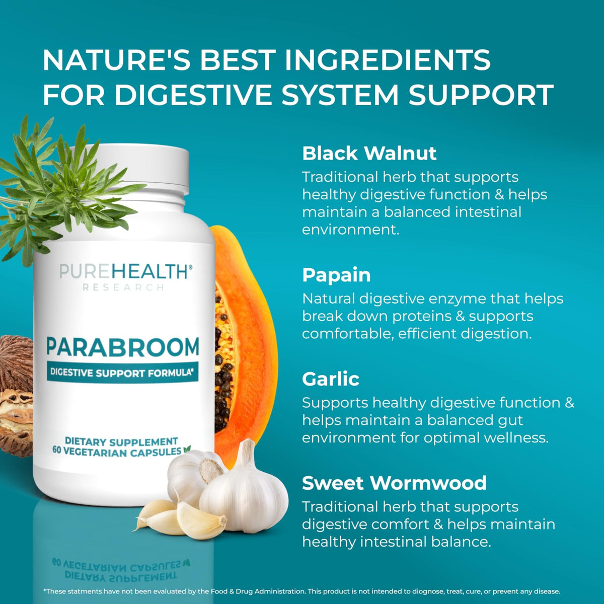 PUREHEALTH RESEARCH Parabroom - Gut Cleanse & Health Supplement - with Black Walnut, Sweet Wormwood Powder, Turmeric Extract, Olive Leaf, Garlic & Onion - FENGGESTORE20