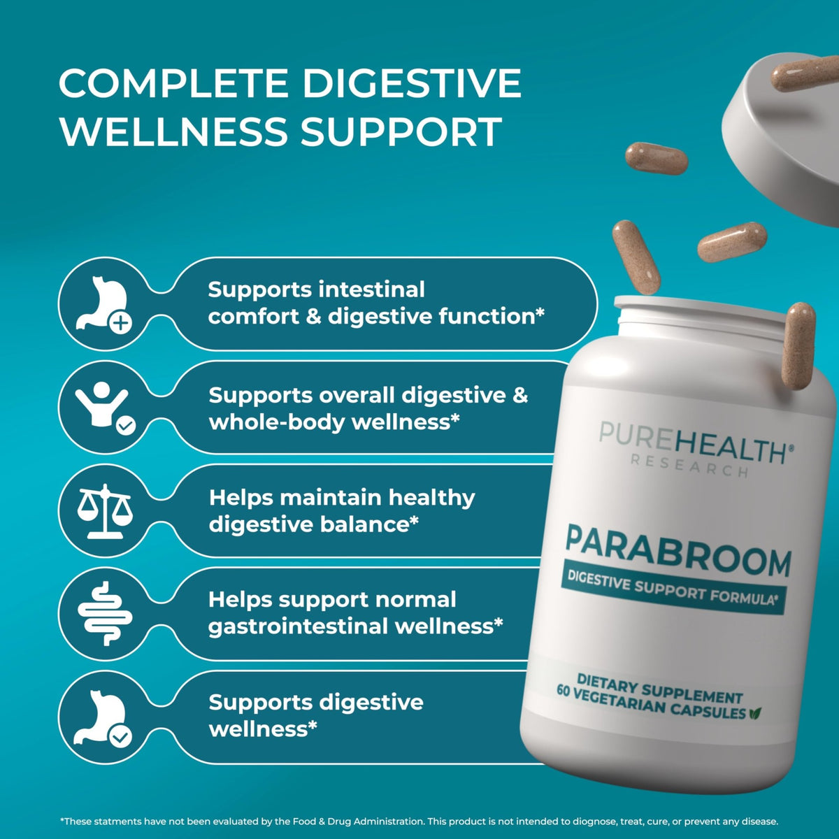 PUREHEALTH RESEARCH Parabroom - Gut Cleanse & Health Supplement - with Black Walnut, Sweet Wormwood Powder, Turmeric Extract, Olive Leaf, Garlic & Onion - FENGGESTORE20