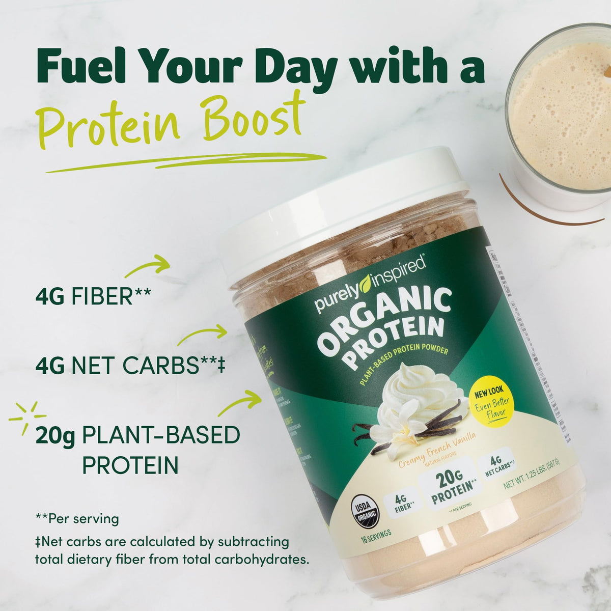 Purely Inspired Plant-Based Protein Powder for Men & Women, Creamy French Vanilla (16 Servings) - Vegan & Organic - 20g of Pea Protein Powder for Smoothies & Shakes - Dairy-Free, & Gluten-Free - FENGGESTORE20