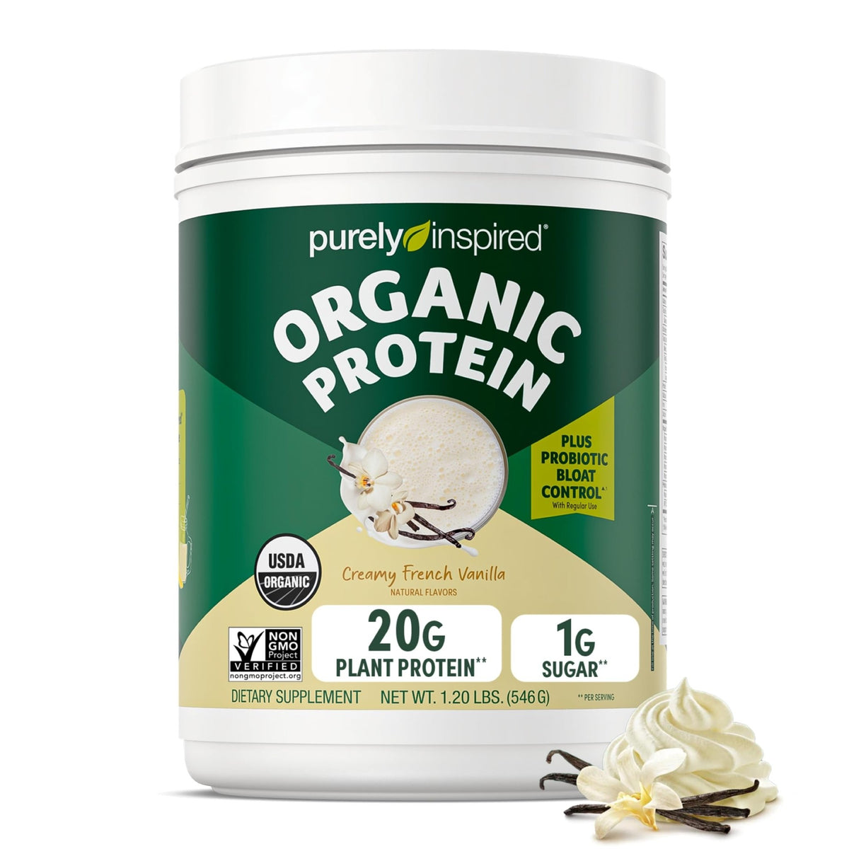 Purely Inspired Plant-Based Protein Powder for Men & Women, Creamy French Vanilla (16 Servings) - Vegan & Organic - 20g of Pea Protein Powder for Smoothies & Shakes - Dairy-Free, & Gluten-Free - FENGGESTORE20