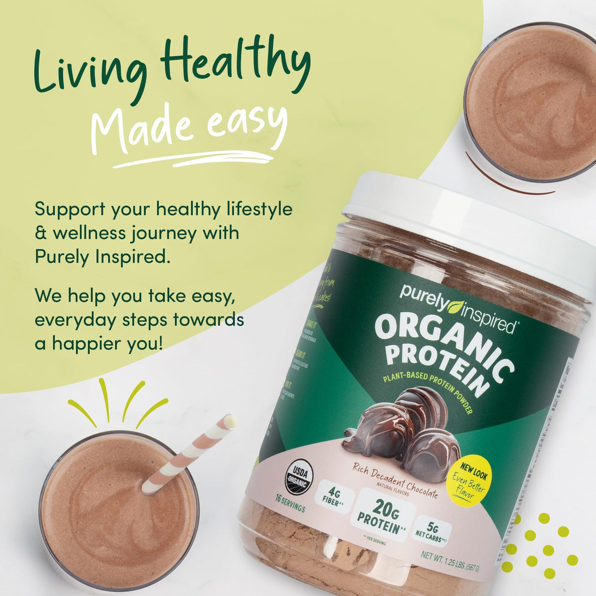 Purely Inspired Plant-Based Protein Powder for Men & Women, Rich Decadent Chocolate (16 Servings) - Vegan & Organic - 20g of Pea Protein Powder for Smoothies & Shakes - FENGGESTORE20