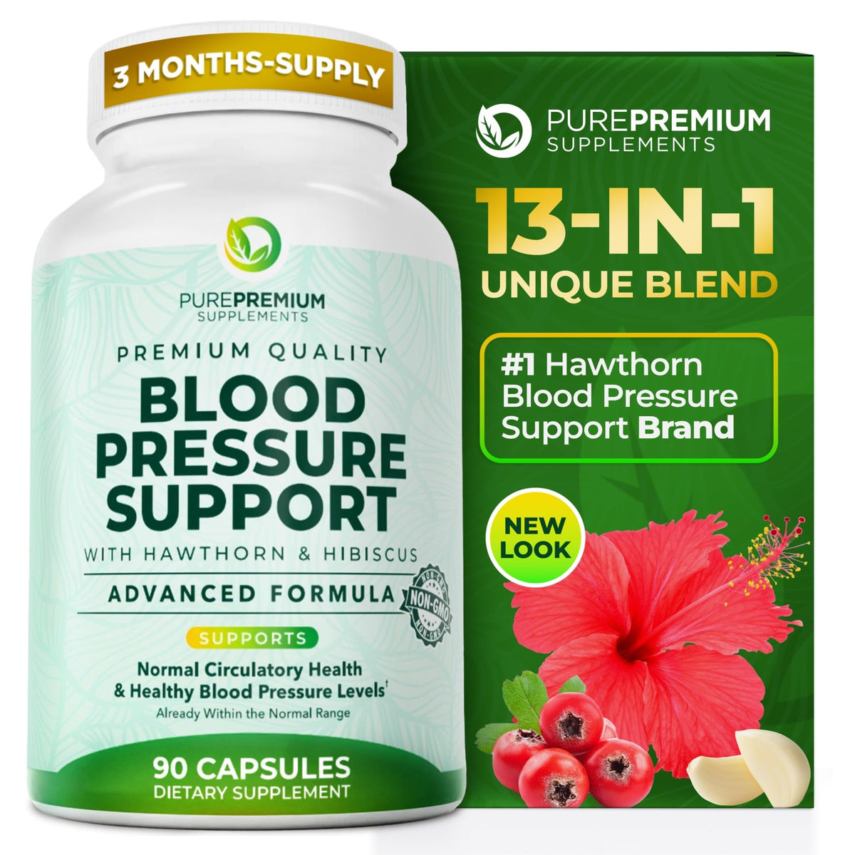 PurePremium Blood Pressure Supplements with Hawthorn Berry, Hibiscus, Garlic & Vitamin B12- Nitric Oxide Supplement for Normal Heart Health - FENGGESTORE20